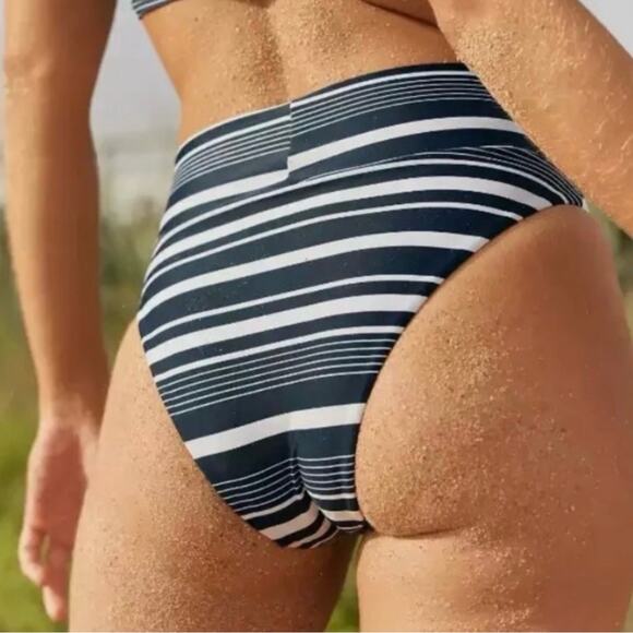 Aerie High Cut Cheeky Bikini Bottom Navy White Stripe Retro Swim Size M NWT - Picture 2 of 6